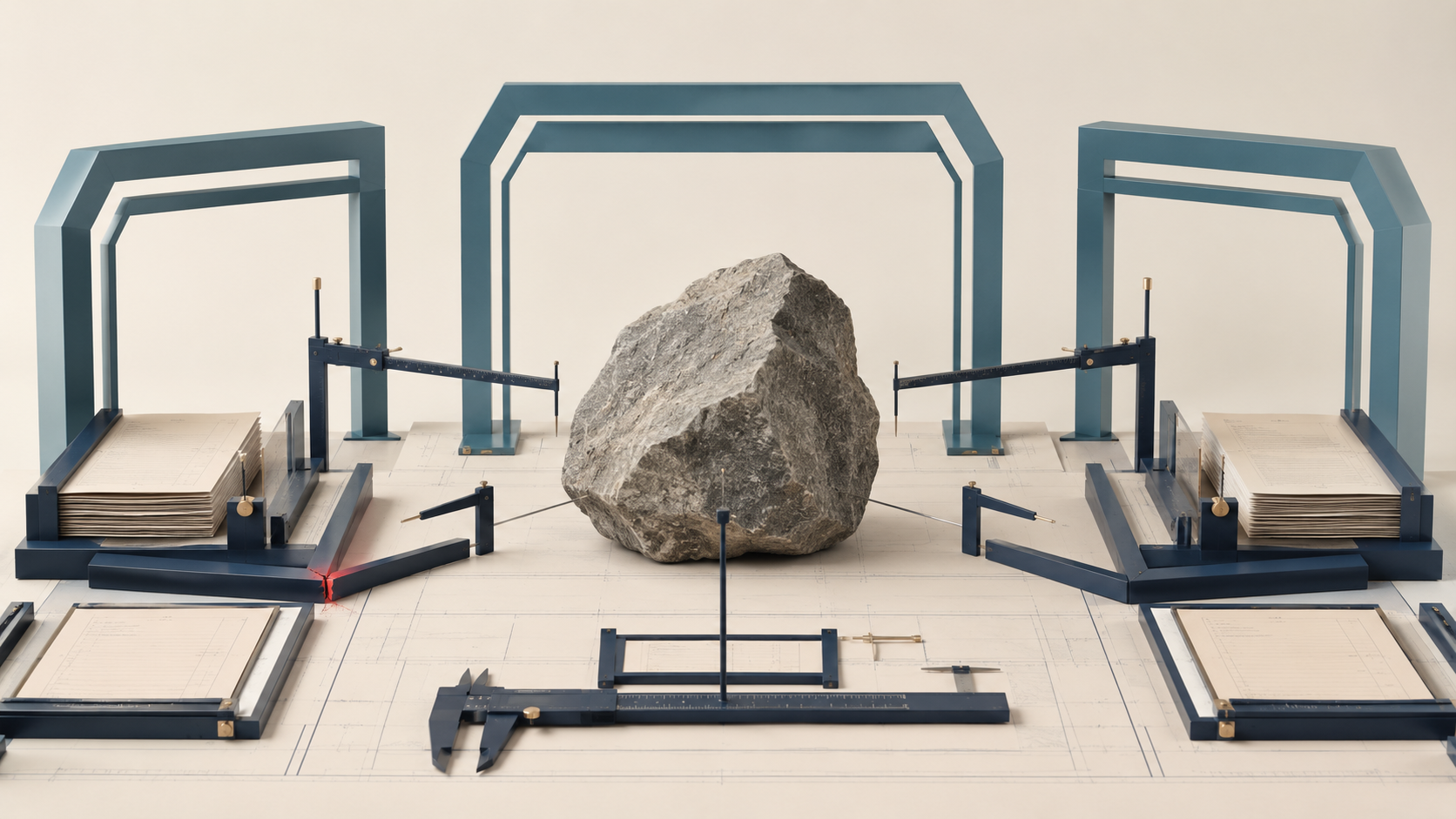 The Requirement Machine. A single grey boulder sits at the center of a drafting table covered in technical schematics, ringed by precision measuring instruments — calipers, height gauges, and three navy-blue inspection gantries — each poised to measure the rock against a different specification. Stacks of paper requirements documents flank the rock on either side. The cover image for the issue: the old model measures the rock industry brings against a spec written years earlier.
