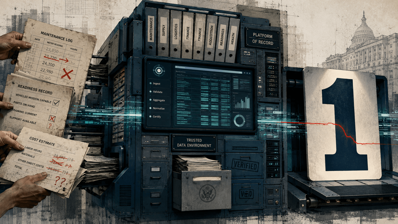 The Authoritative Wrong Number. The cover image for the issue. Hand-held paper records — a maintenance log with meter readings struck through in red, a readiness record with mission-capable boxes checked and unchecked, a cost estimate with figures crossed out and trailing question marks — feed into a heavy steel Platform of Record machine whose binder spines read Maintenance, Supply, Logistics, Finance, Acquisition, Readiness, and Health. A central screen runs an ingest, validate, aggregate, normalize, certify pipeline inside a Trusted Data Environment stamped Verified. A red signal line leaves the machine and degrades as it travels toward a giant clean number 1 rolling off a conveyor belt, the Capitol faint in the background. The messy truth goes in; the authoritative wrong number comes out.