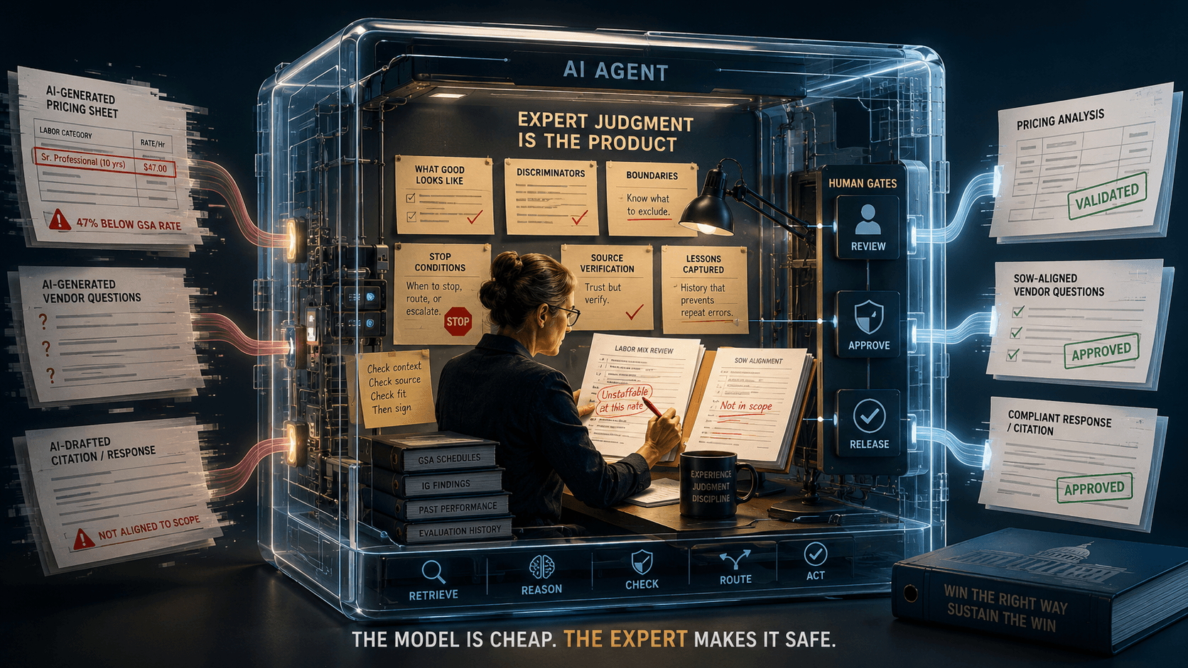 The model is cheap. The expert makes it safe. The cover image for the issue. A domain expert sits at a desk inside a transparent box labeled AI Agent, under the banner Expert Judgment Is the Product. Pinned around her are the cards she has encoded: what good looks like, discriminators, boundaries, stop conditions, source verification, lessons captured. On the left, raw AI outputs stream in flagged in red — a pricing sheet with a senior professional priced 47 percent below the GSA rate, AI-generated vendor questions, an AI-drafted citation not aligned to scope. She is mid-review, marking a labor mix Unstaffable at this rate and a SOW line Not in scope, beside reference binders of GSA schedules, IG findings, past performance, and evaluation history. A column of human gates — review, approve, release — stands between her and the right side, where the same documents leave validated, SOW-aligned, and approved. The agent's loop runs along the base: retrieve, reason, check, route, act.